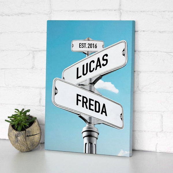 Blue Sky Custom Name Vintage Street Sign Canvas With DIY Frame Intersection Street Painting Valentine Gifts