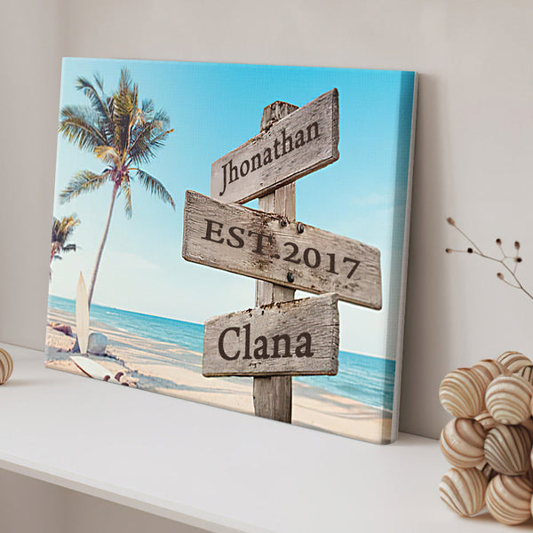 Coconut Tree Beach Custom Name Vintage Street Sign Canvas With DIY Frame Intersection Street Painting Valentine Gifts