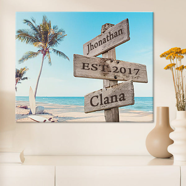 Coconut Tree Beach Custom Name Vintage Street Sign Canvas With DIY Frame Intersection Street Painting Valentine Gifts