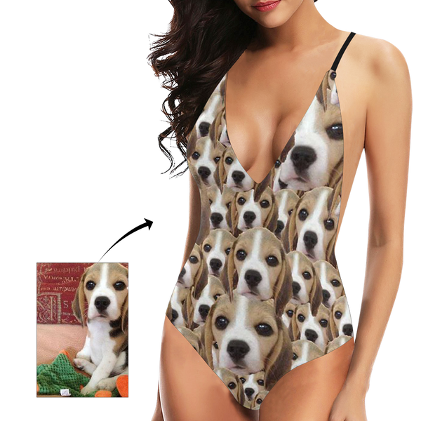 Custom Cute Dog Face V-Neck Women's One Piece Sexy Swimsuit
