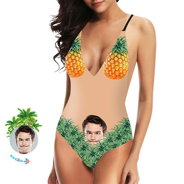 Custom Face Photo V-Neck Women's One Piece Swimsuit Pineapple Fruit Pattern Summer Clothes