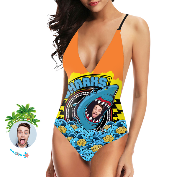Custom Face Swimsuit Photo V-Neck Women's One Piece Swimsuit Shark with Open Mouth Summer Clothes