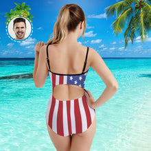 Custom Face Swimwear Women's Photo Slip One Piece Swimsuit - American Flag