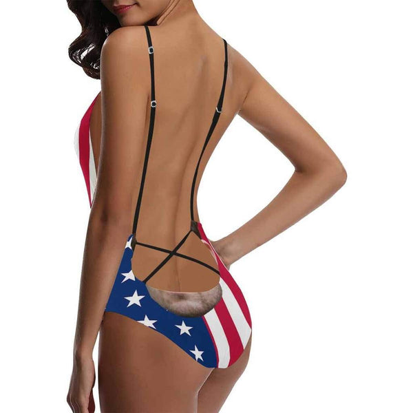 Custom Face V-Neck Bikini Women's Photo One Piece Swimsuit - USA Flag