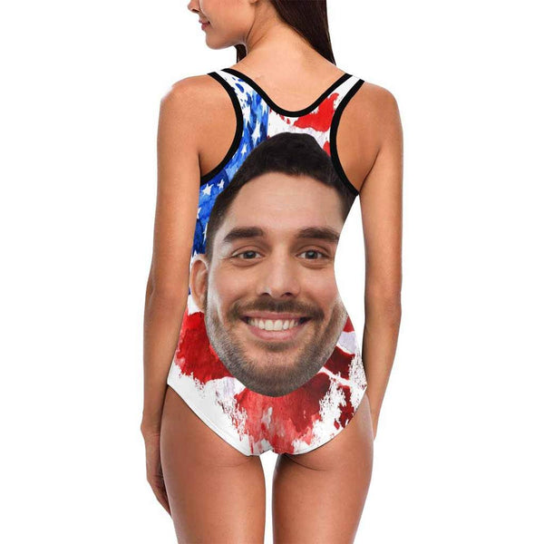 Custom Face Swimwear Women's Photo Slip One Piece Tank Top Bathing Swimsuit - Artistic USA Flag
