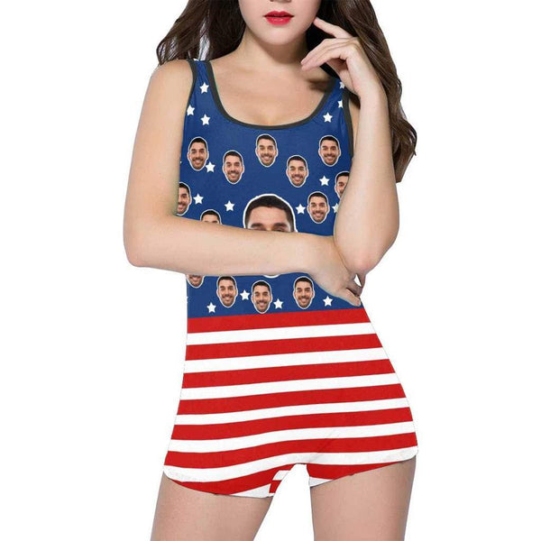 Custom Face Swimwear Women's Photo Slip One Piece Flat Swimsuit - USA Flag