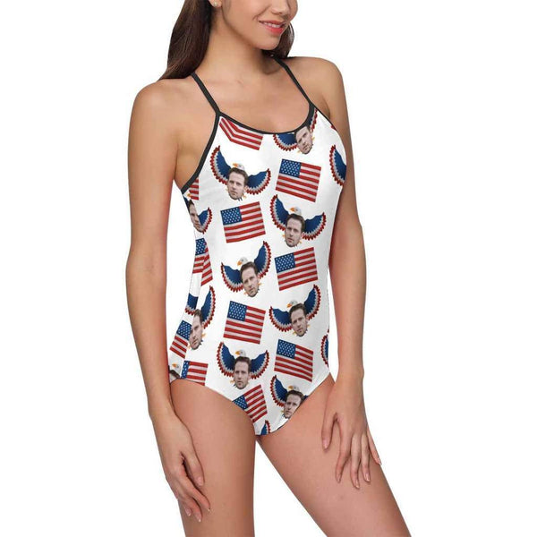 Custom Face Swimwear Women's Photo Slip One Piece Swimsuit- USA Flag With Bald Eagle