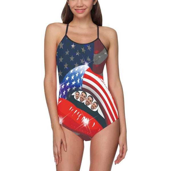Custom Face Swimwear Women's Photo Slip One Piece Swimsuit- USA Flag With Lips