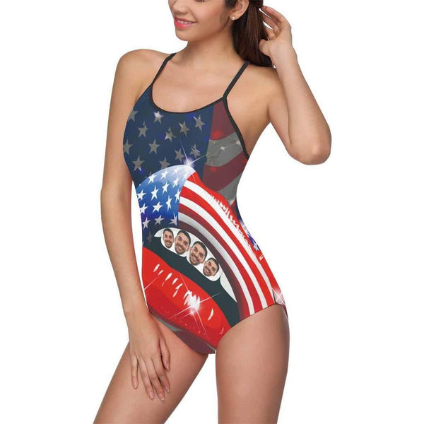 Custom Face Swimwear Women's Photo Slip One Piece Swimsuit- USA Flag With Lips