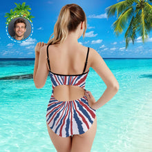 Custom Face Swimwear Women's Photo Slip One Piece Swimsuit- Tie Dye USA Flag