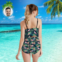 Custom Face Bikini Women's Ruffle Summer Bikini High Waisted Bathing Suits Gift For Her - Leaves & Flamingo