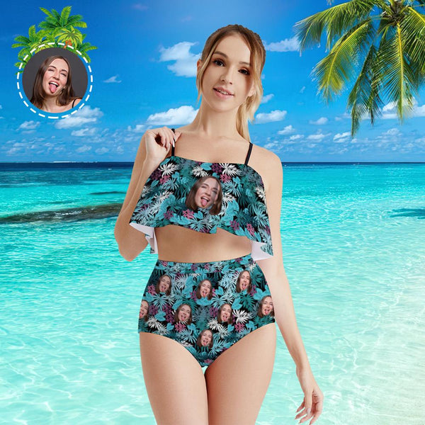 Custom Face Bikini Women's Ruffle Summer Bikini High Waisted Bathing Suits Gift For Her - Coulorful Leaves