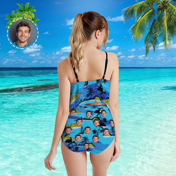 Custom Face Bikini Women's Ruffle Summer Bikini High Waisted Bathing Suits Gift For Her - Coconut Tree
