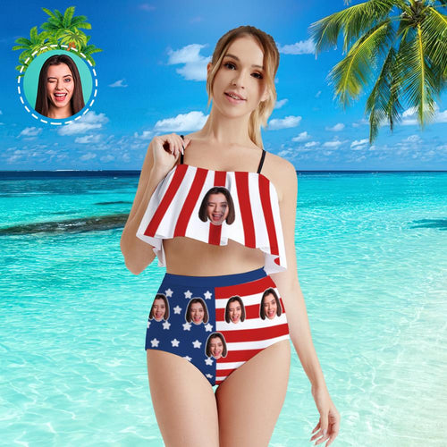 Custom Face Bikini Women's Ruffle Summer Bikini High Waisted Bathing Suits Gift For Her - American Flag