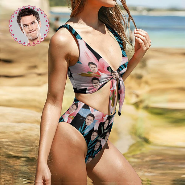 Custom Face Bikini Women's Chest Strap Bathing Suit Personalized Photo Bikini Anniversary Gift - Pink Lily