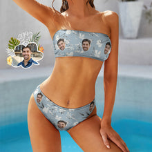Custom Face Blue Bikini swimming costume Bandeaukini Gift For Her - Tropical Flowers