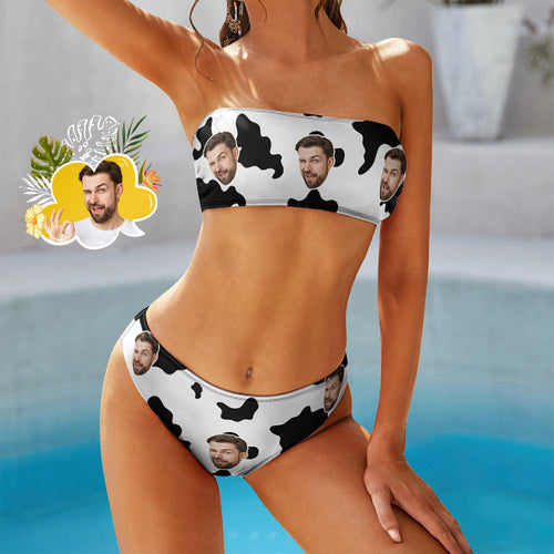 Custom Face Bikini swimming costume Bandeaukini Gift For Her - Cow Print Black and White