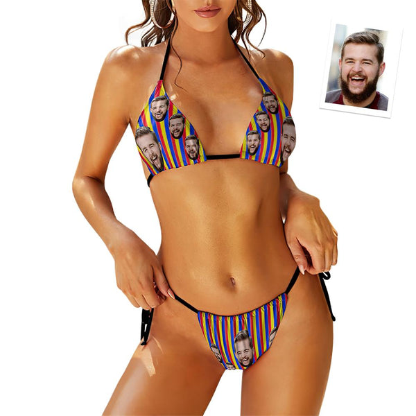 Custom Face Swimming Suit Sexy Strappy Bikini Rainbow Stripes