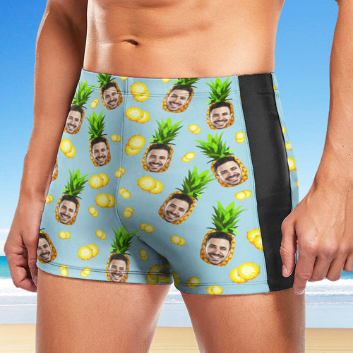 Custom Men's Swim Boxer Shorts, Hawaiian Face Swim Trunks, Peseronalized Swim Briefs - Pineapple