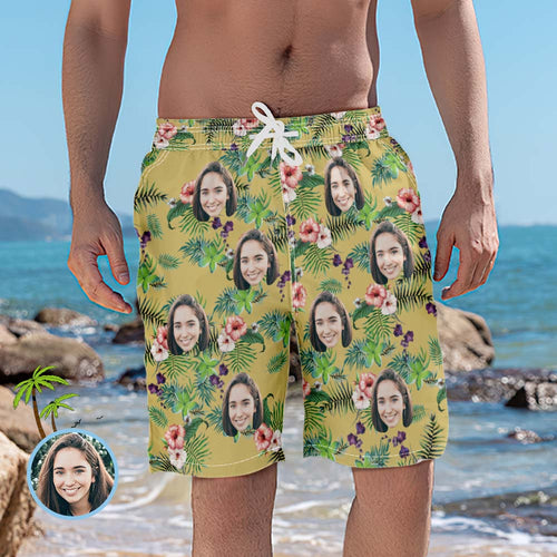 Men's Custom Face Beach Trunks Photo Shorts - Rainforest