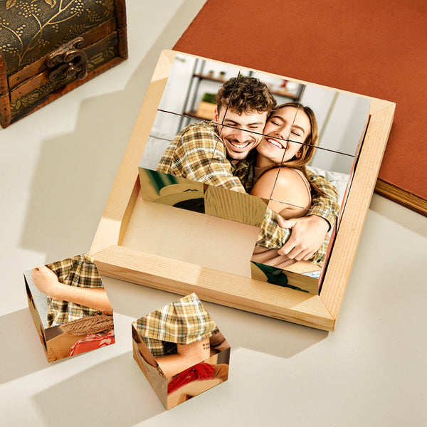 Custom Photo Cube Puzzle Wooden Block With Frame Family Gifts