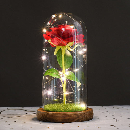 Romantic Simulation Eternal Rose Flower Glass Cover LED  Micro Landscape Gifts for lover at Christmas, Anniversary and Valentine's Day