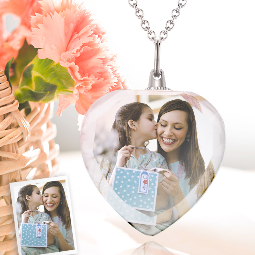 Custom Photo Heart Shaped Crystal Necklace Personalized Charm Pendant Gifts for Mom