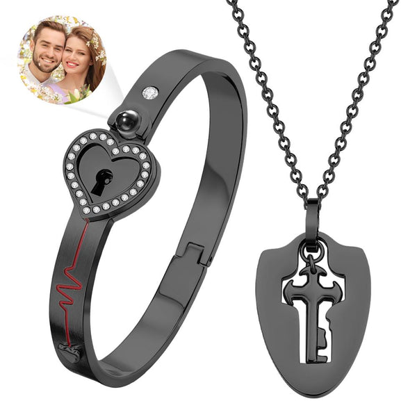Custom Projection Shield Key Pendant Necklace and Lock Bracelet You Hold the Key to My Heart Gift