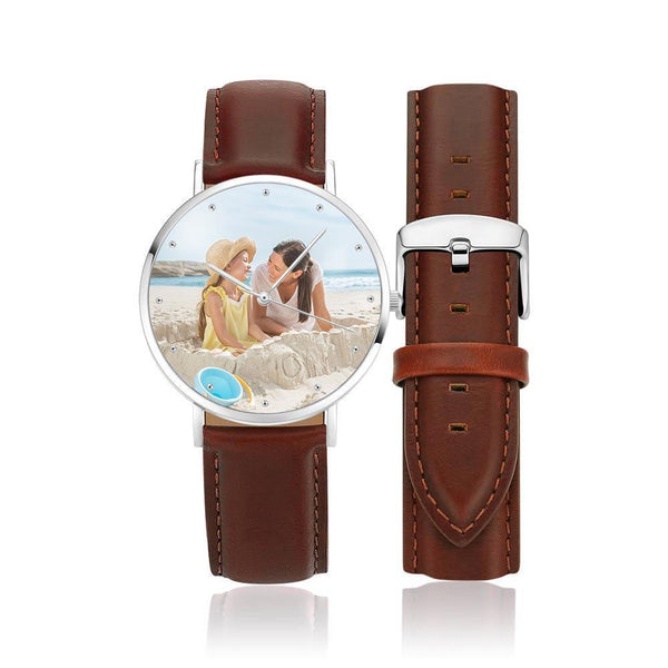 Custom Engraved Silver Photo Watch Brown Leather Strap For Men's Gift - 40mm