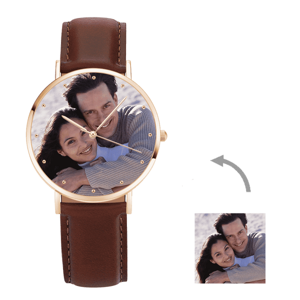 Custom Engraved Rose Gold Photo Watch Brown Leather Strap For Men's Gift - 40mm