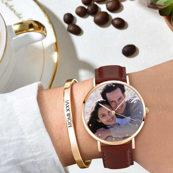 Custom Engraved Rose Gold Photo Watch Brown Leather Strap For Men's Gift - 40mm