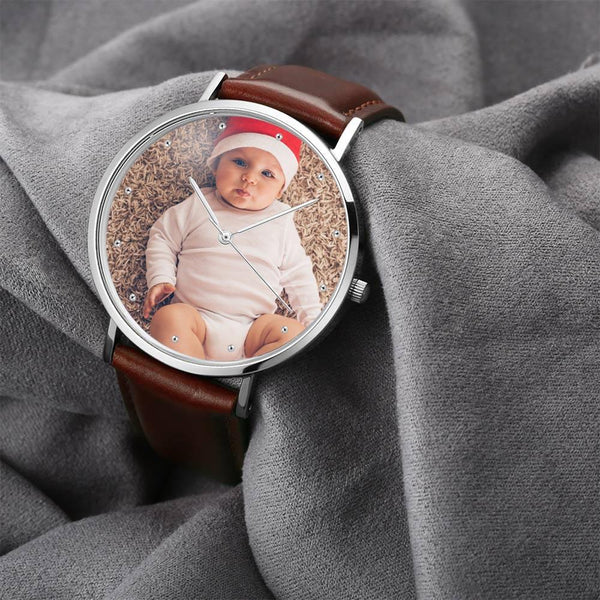 Custom Engraved Silver Photo Watch Brown Leather Strap For Women's Gift - 36mm