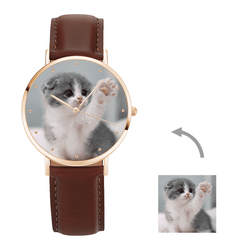 Custom Engraved Rose Gold Photo Watch Brown Leather Strap For Women's Gift - 36mm