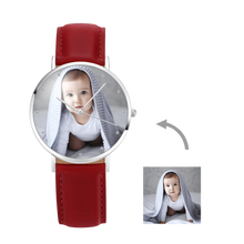Custom Engraved Silver Photo Watch Red Leather Strap For Women's Gift - 36mm