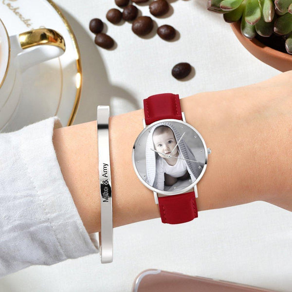 Custom Engraved Silver Photo Watch Red Leather Strap For Women's Gift - 36mm