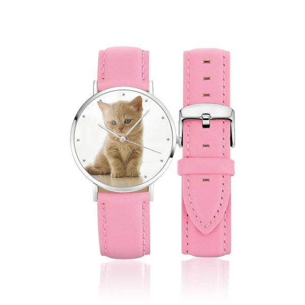 Custom Engraved Silver Photo Watch Pink Leather Strap For Women's Gift - 36mm