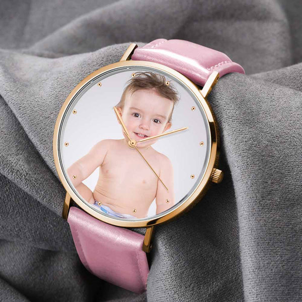 Custom Engraved Rose Gold Photo Watch Color Pink Leather Strap For Women's Gift - 36mm