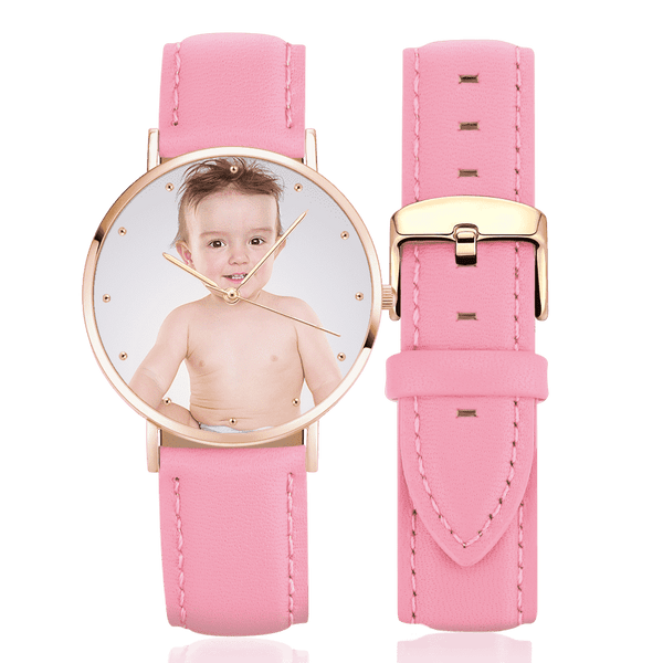 Custom Engraved Rose Gold Photo Watch Color Pink Leather Strap For Women's Gift - 36mm
