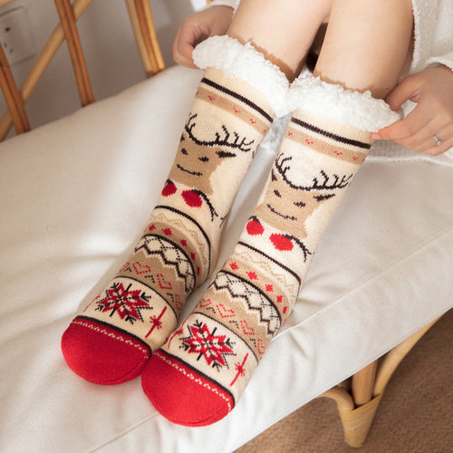 Christmas Socks Plush Coral Fleece Winter Home Floor Socks Red Slipper Socks - Bell Elk