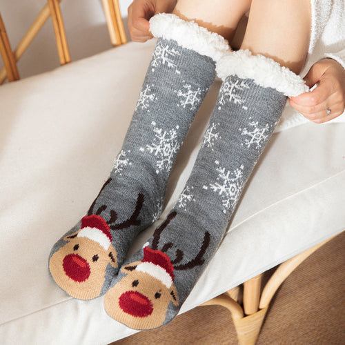Christmas Socks Plush Coral Fleece Winter Home Floor Socks Gray Slipper Socks - Deer