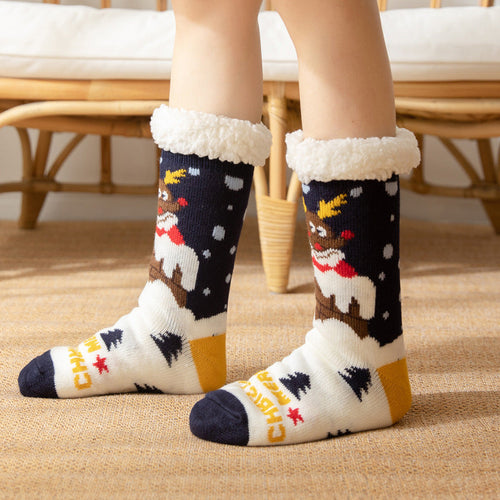 Christmas Socks Plush Coral Fleece Winter Home Floor Socks Navy Blue Slipper Socks - Elk
