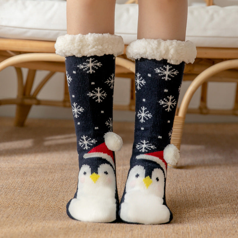 Christmas Socks Plush Coral Fleece Winter Home Floor Socks Navy Blue Slipper Socks - Penguin