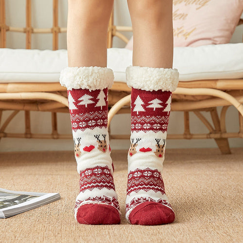 Christmas Socks Plush Coral Fleece Winter Home Floor Socks Wine Red Slipper Socks - Love Deer