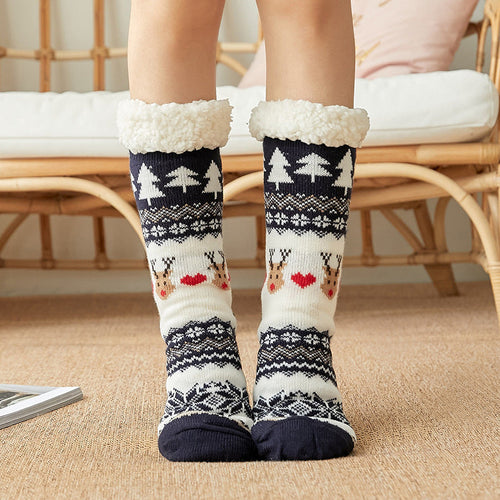 Christmas Socks Plush Coral Fleece Winter Home Floor Socks Navy Blue Slipper Socks - Love Deer