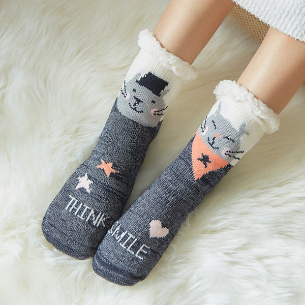 Christmas Socks Plush Coral Fleece Winter Home Floor Socks Gray Slipper Socks - Cat
