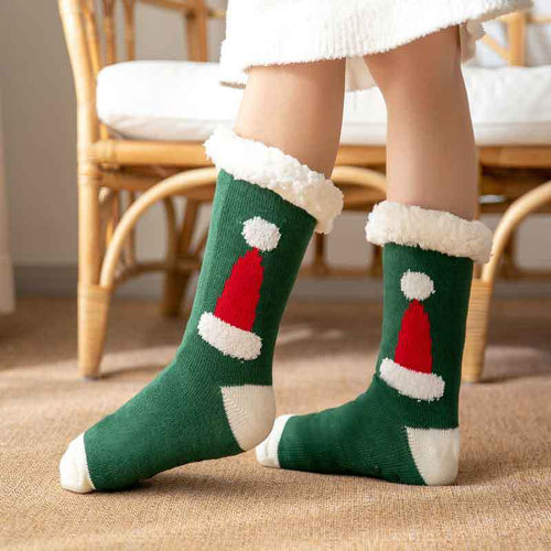 Christmas Socks Plush Coral Fleece Winter Home Floor Socks Green Slipper Socks - Santa Hat