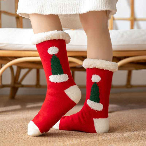 Christmas Socks Plush Coral Fleece Winter Home Floor Socks Red Slipper Socks - Santa Hat
