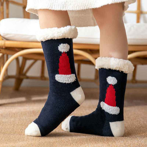 Christmas Socks Plush Coral Fleece Winter Home Floor Socks Navy Blue Slipper Socks - Christmas Hat