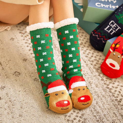 Christmas Socks Plush Coral Fleece Winter Home Floor Socks Green Slipper Socks - Elk