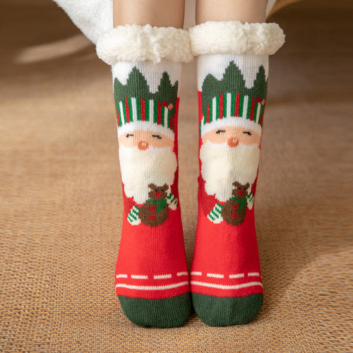 Christmas Socks Plush Coral Fleece Winter Home Floor Socks Red and Green Slipper Socks - Classic Santa Claus